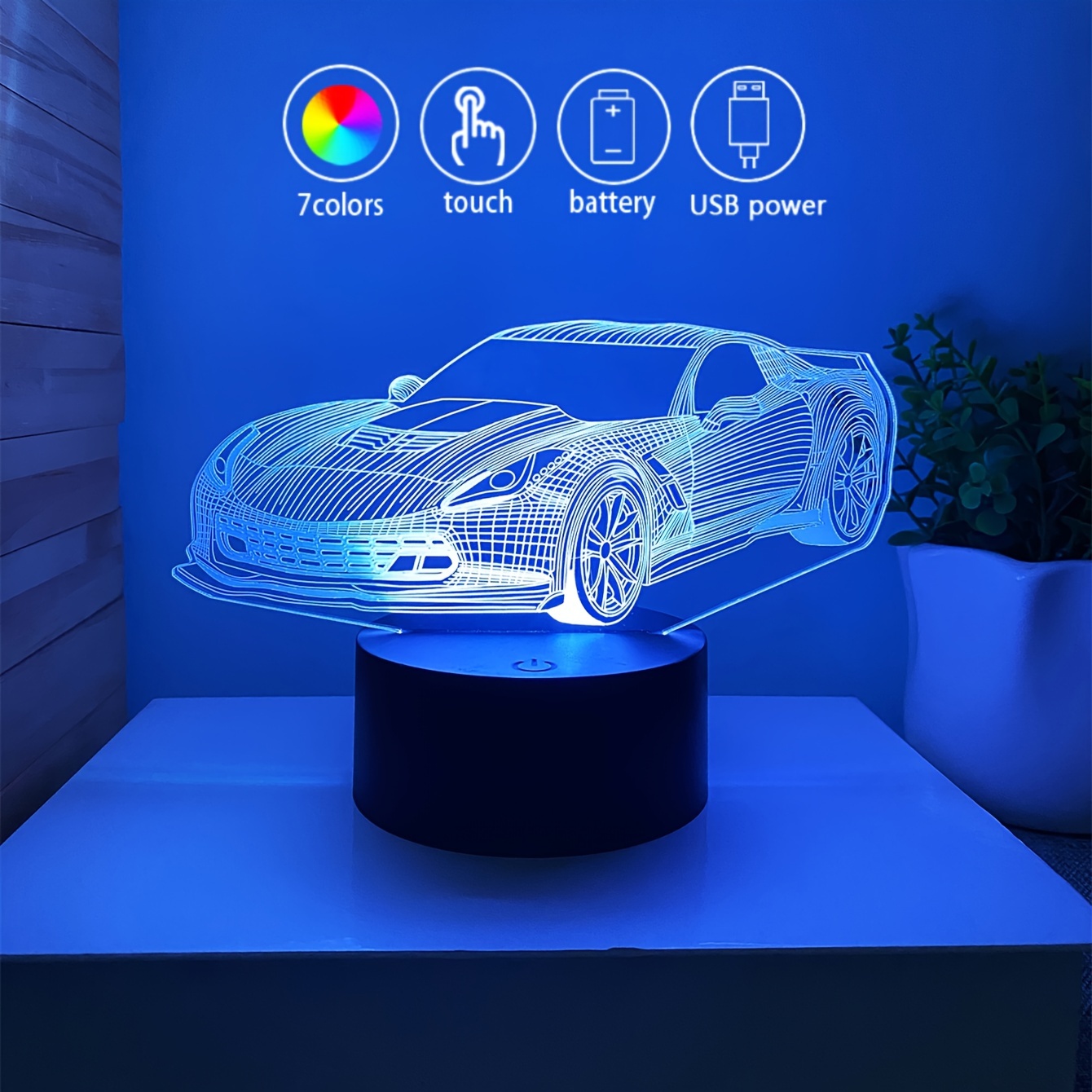 

1pc 3d Led Sports Car Night Light, Creative Touch Control 7-color Changing Lamp, Dual Power Battery/usb, Car Enthusiast Gift, Room Decor Atmosphere Light With Electronic Components