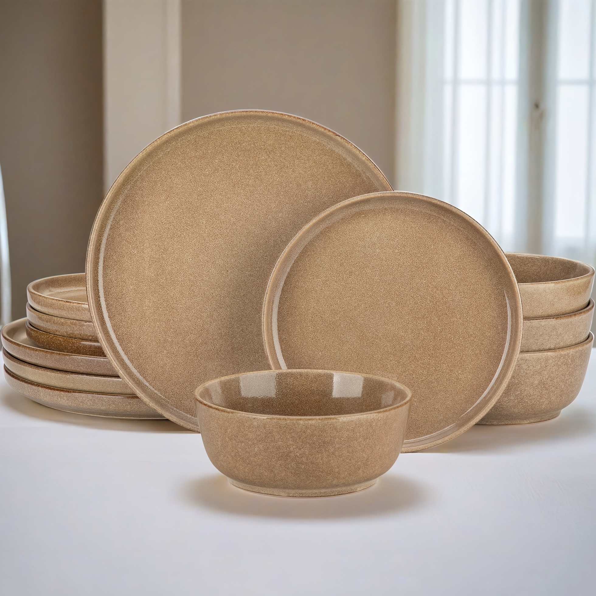 Image of 12/16pcs Caramel Dinnerware Set, Service For 4 Person - Porcelain Dinner Sets, Dinner Plates, Dessert Plates, Soup Plates, Cerew Bowls - Microwave And Dishwasher Safe Dining Set, Holiday Gift