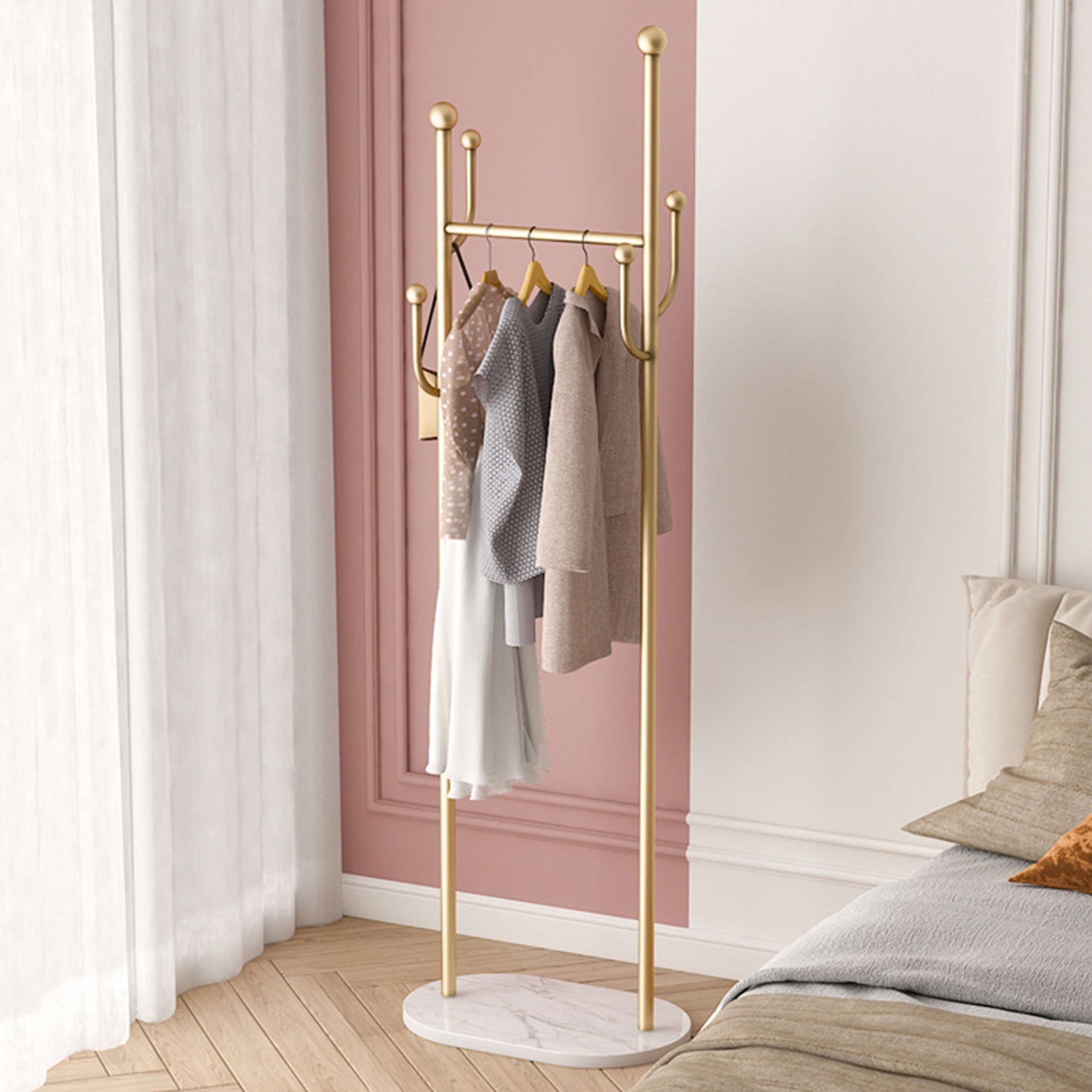 

Coat Rack, Golden Coat Rack With 6 Hooks, Free-standing Coat Rack, Metal Clothes Rail, With Pattern Base Plate, Study, Living Room, Bedroom