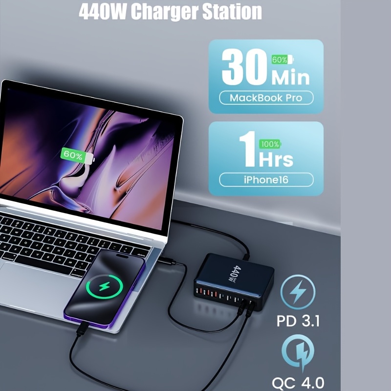 1pc 440W Multi-Port Charger 8-Port 3A+5C Multi-Purpose Charger for Mobile Phones and Electronic Devices, Indoor Miscellaneous Cord Disposal, Keep Your Desktop Tidy Round Fashion Style, Multi-Port Car Phone Charger