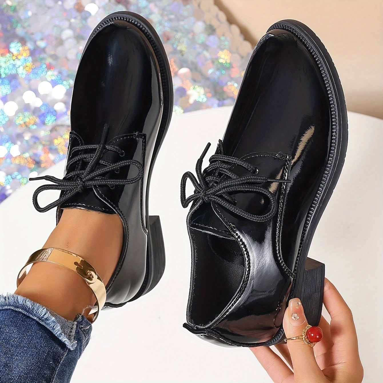 Women's Black Patent Lace-Up Oxford Flats Versatile Spring/Autumn Fashion  Shoes with Fabric Lining and Rubber Sole