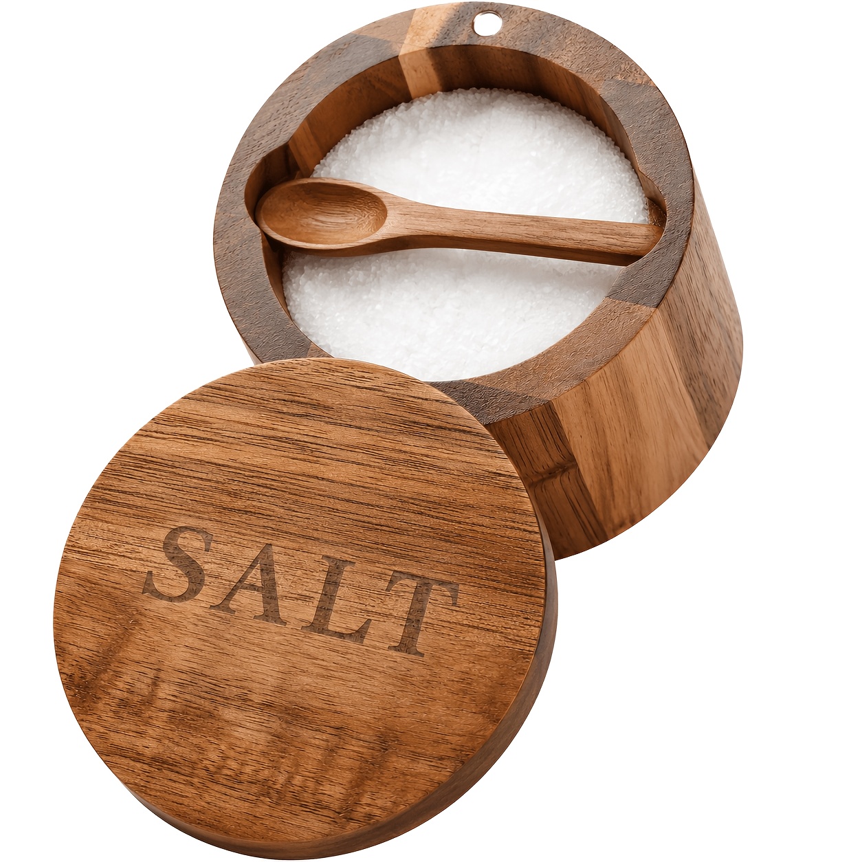 TEMU Boîte à sel en bois d'acacia avec couvercle pivotant et cuillère intégrée, récipient à sel gravé, bol de rangement pour assaisonnements de