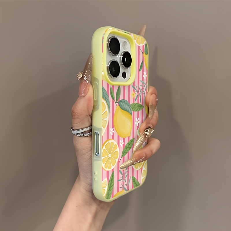 TEMU Phone Case - 1pc Phone Case, Summer Vitality Lemon Ins Artistic Girly Girl Fruit Flavor Lemon Floral Full Screen Summer Vitality Feel Pink And