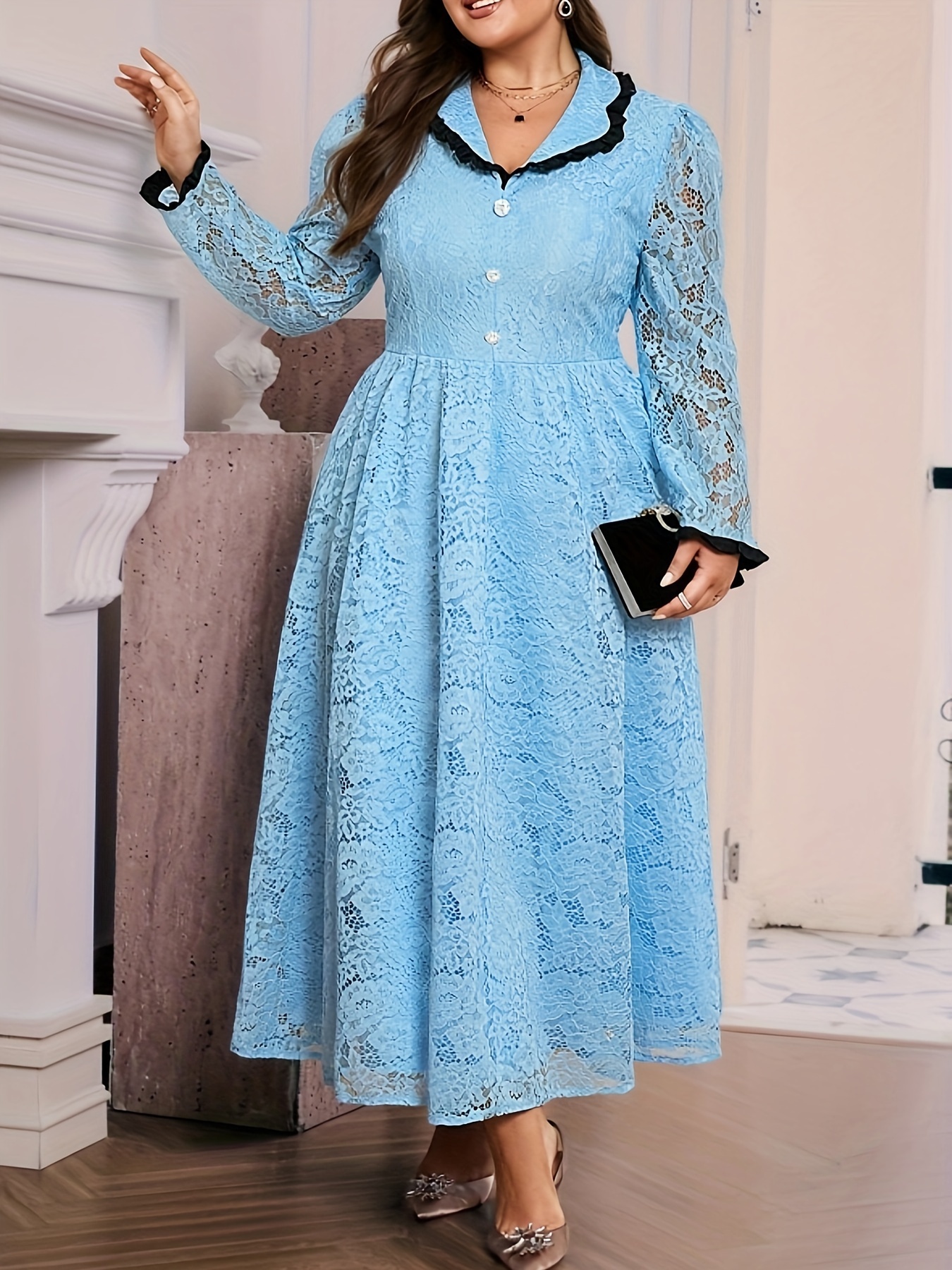 green emerald velvet dress Plus Size Printed V-Neck Long Sleeve Maxi Dress Black / 1XL main image 0