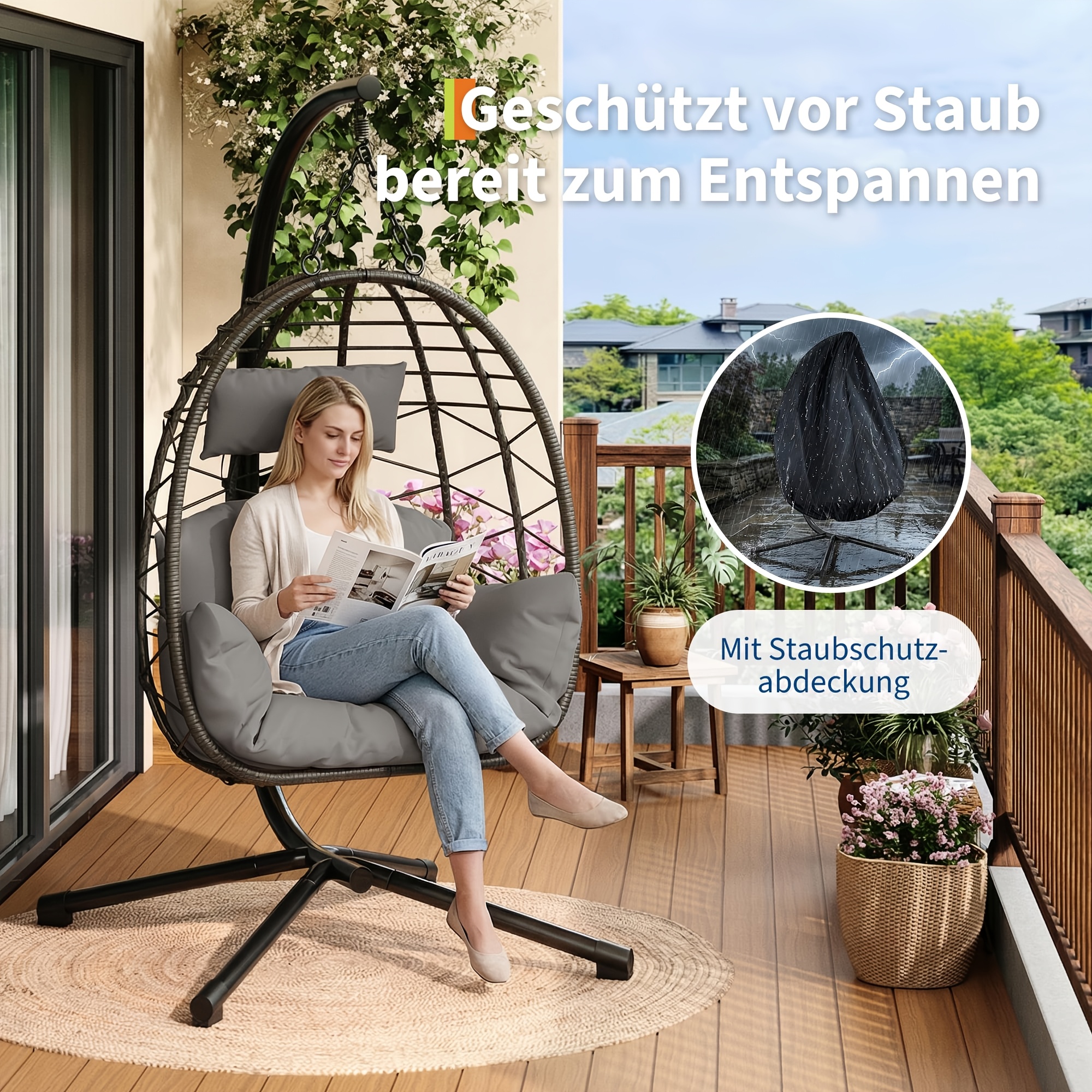 Image of Collapsible Hanging Egg Chair With Stand Heavy Duty 130kg Weatherproof Cushions & Rain Cover Indoor Outdoor Patio Garden Hammock Swing Gray Pe Rattan, Gray Polyester, Black Rain Cover