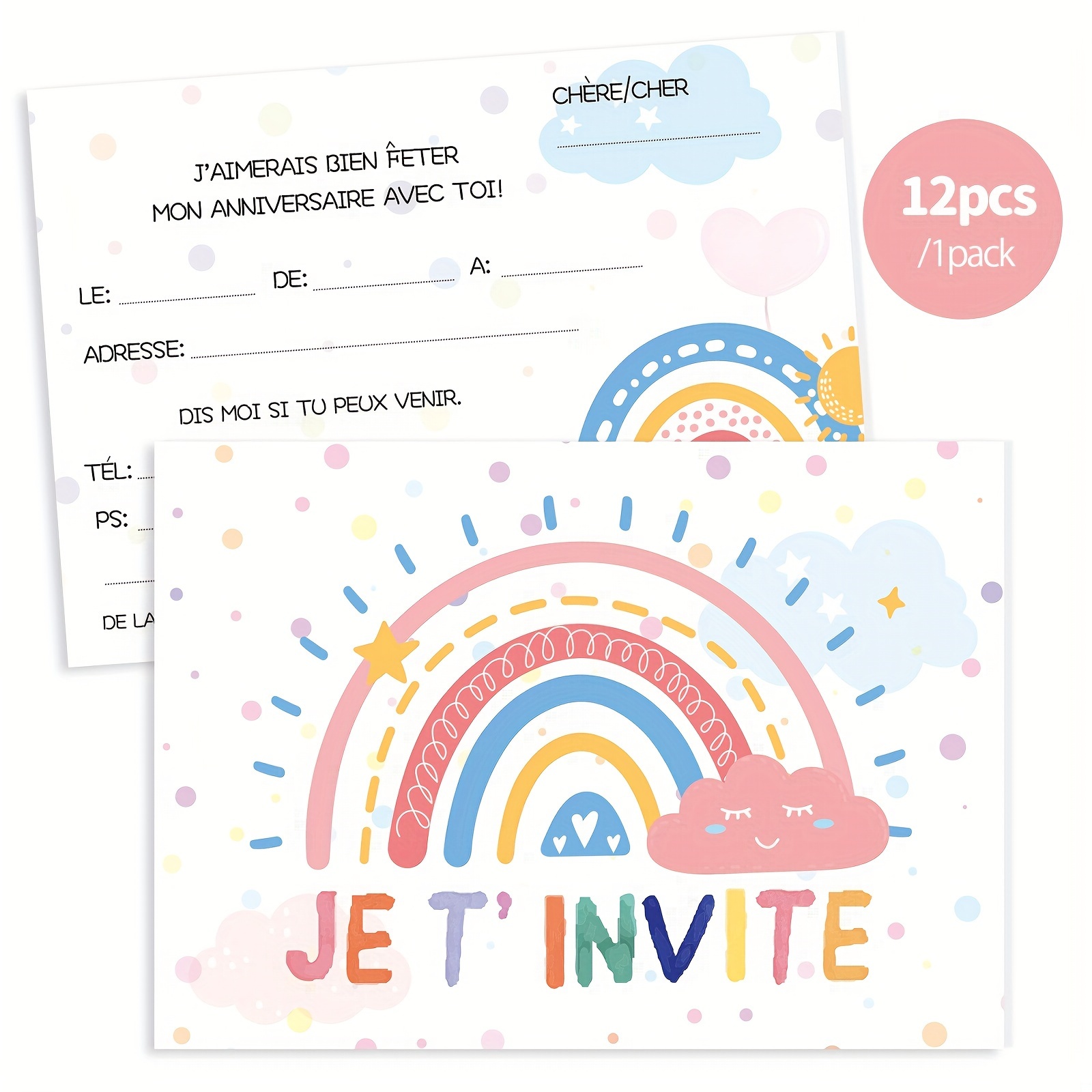 

12pcs Invitations d'Anniversaire à , 5.91x4.25in - Design Cartoon Coloré pour Fêtes & Célébrations de Jeunes, Français