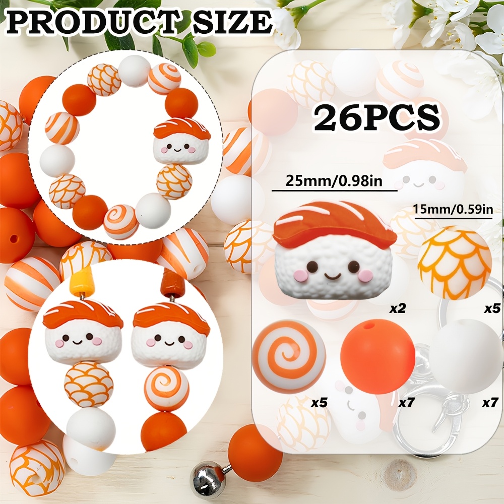 TEMU 26pcs Perles en silicone, Perles de et de sushis en silicone, Perles rondes imprimées de couleurs, Convient pour la décoration de bijoux, les