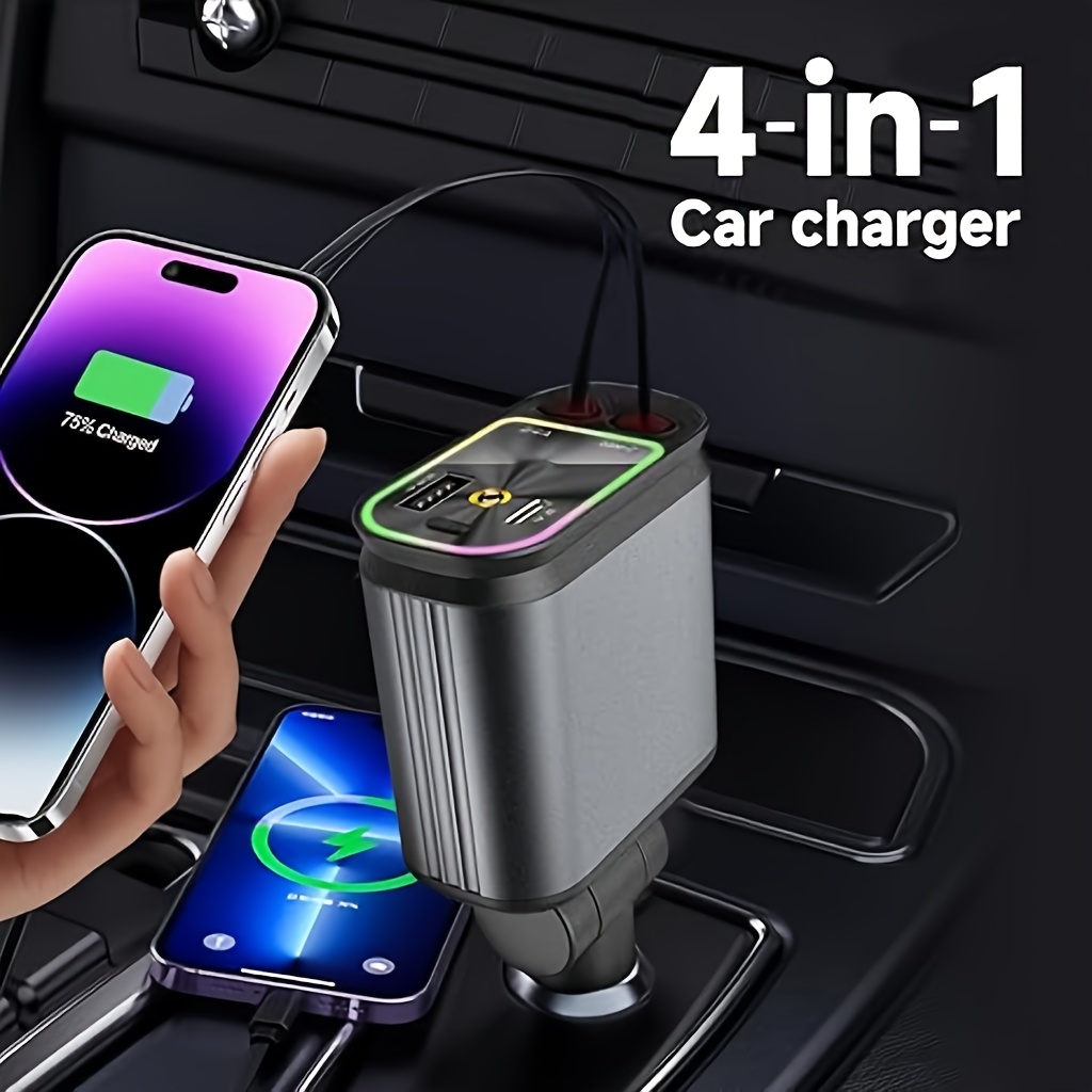 LISEN 69W IPhone 16 Retractable Car Charger USB C Fast Charge, IPhone 16 For 4 In 1 Retractable Car Charger Adapter, Retractable Car Charge USB C For IPhone 16 15 14 13 12, Samsung, Metallic