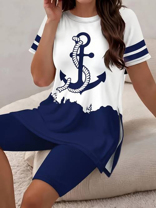 plus size womens casual two piece set with print short sleeve top and shorts side fashionable t shirt with tight pants fit regular outfit round neck polyester pullover layered detail