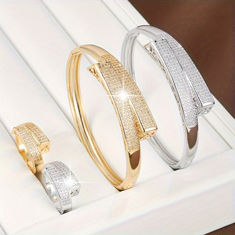 Geometric Symmetry Zirconia Women's Bracelet Ring Set