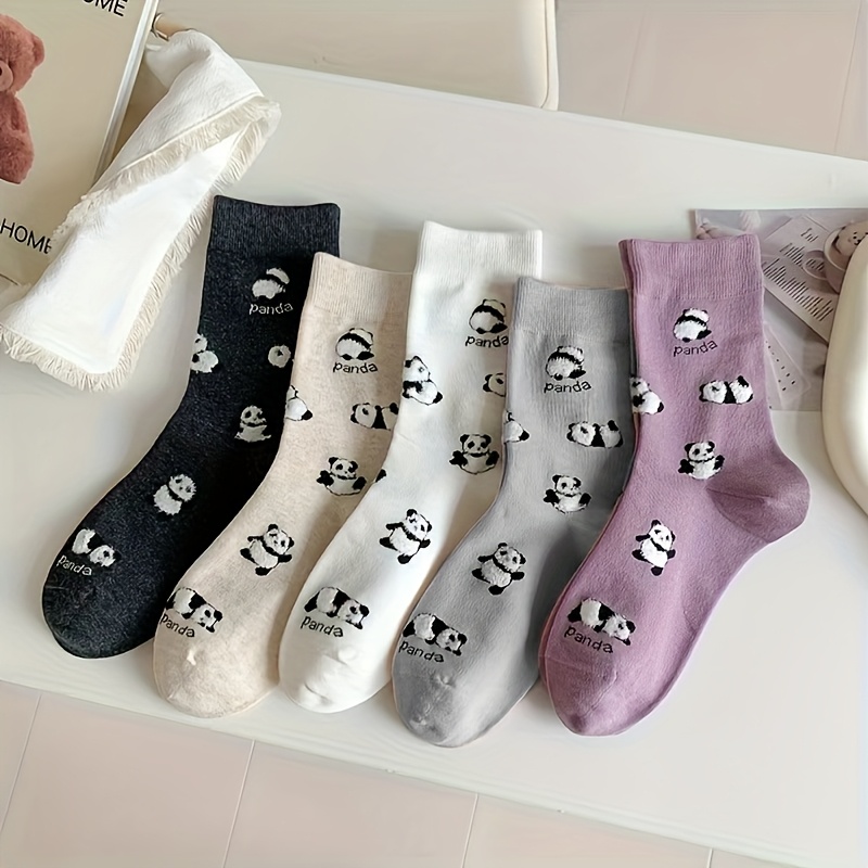 5 Pairs Cute Cartoon Panda Mid-calf Socks - Japanese Korean Style Cozy Winter Socks With Panda Patterns, , Machine Washable For , Casual & Lounge Wear, Cute Socks, Whimsical Sock Design