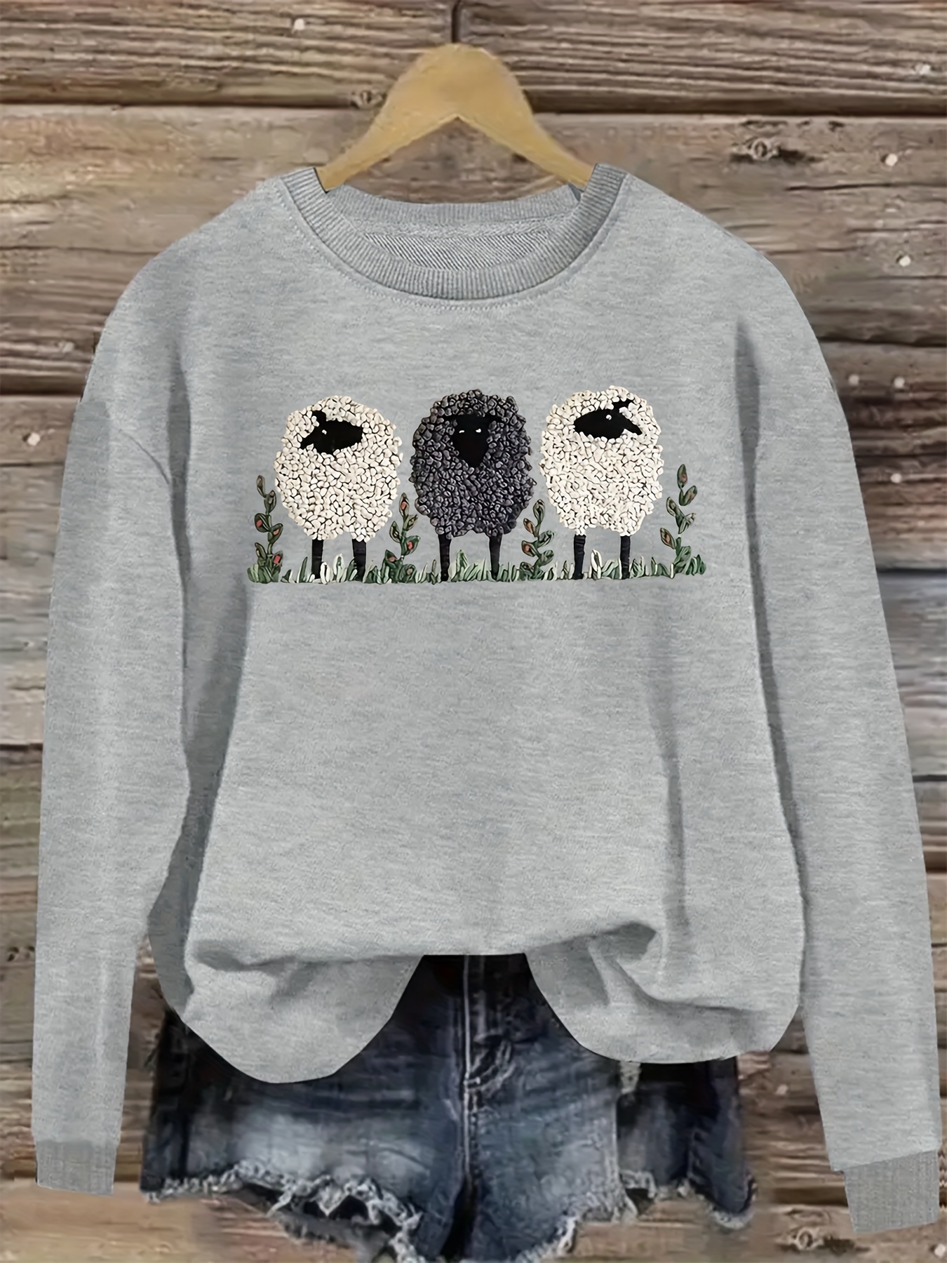 sheep print pullover sweatshirt casual long sleeve crew neck
