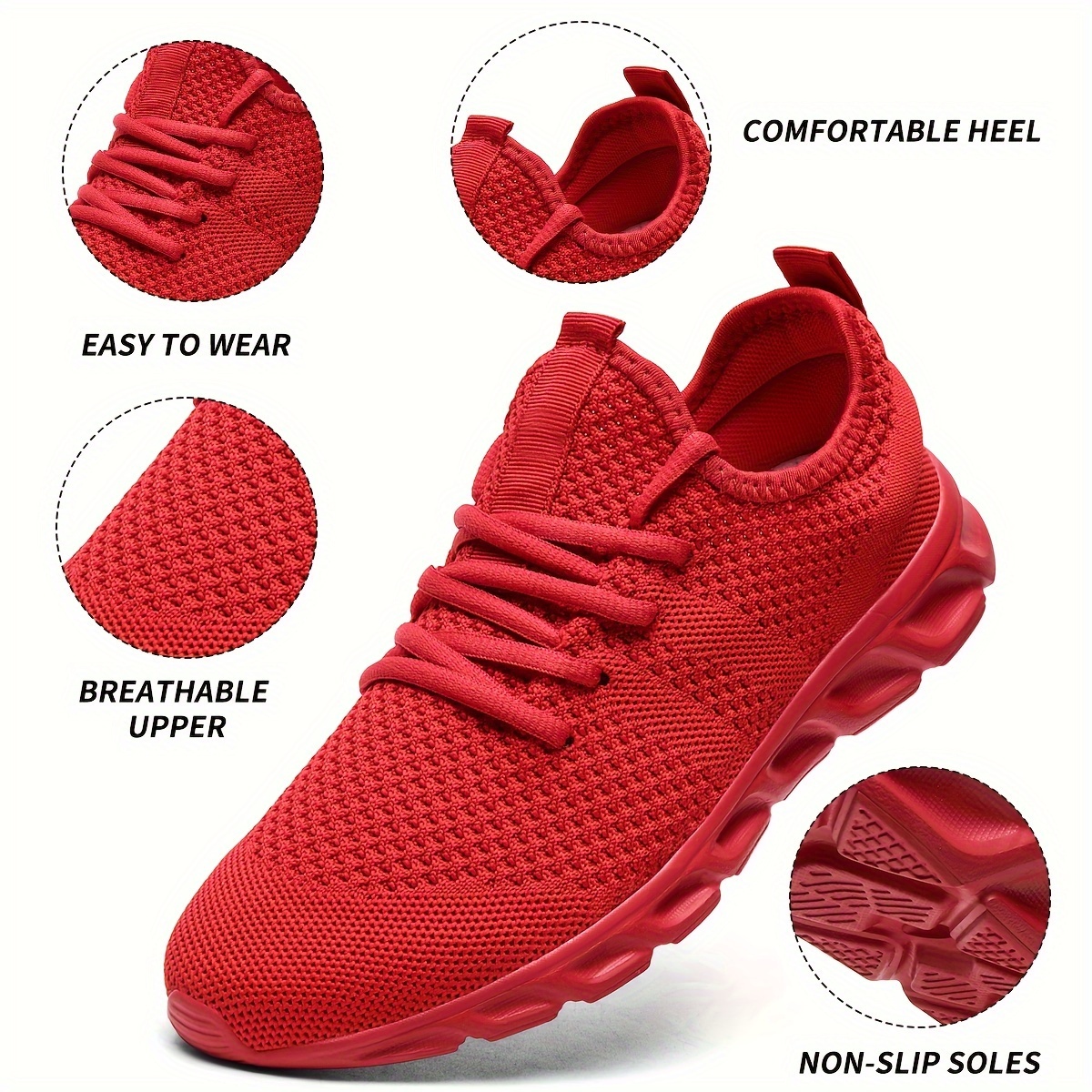 

Men's Red Knit Sneakers - Breathable, Non-slip Athletic Footwear For Running And Walking, Comfortable Heel, Sports Shoes With Cushioned Sole