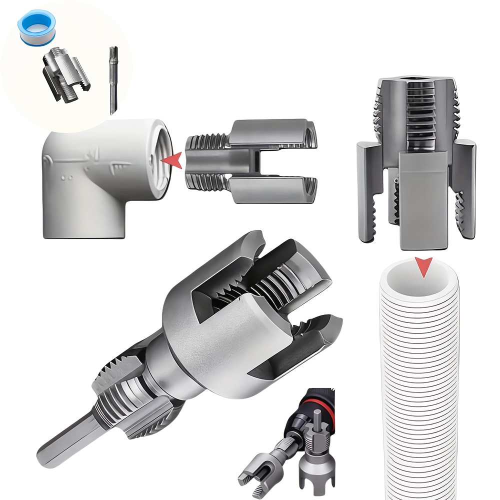 Un juego de tres herramientas para roscar tuberías, adecuado para procesar roscas internas y externas PPR de 1/2 pulgada, que incluye machos y herramientas con cinta de sellado