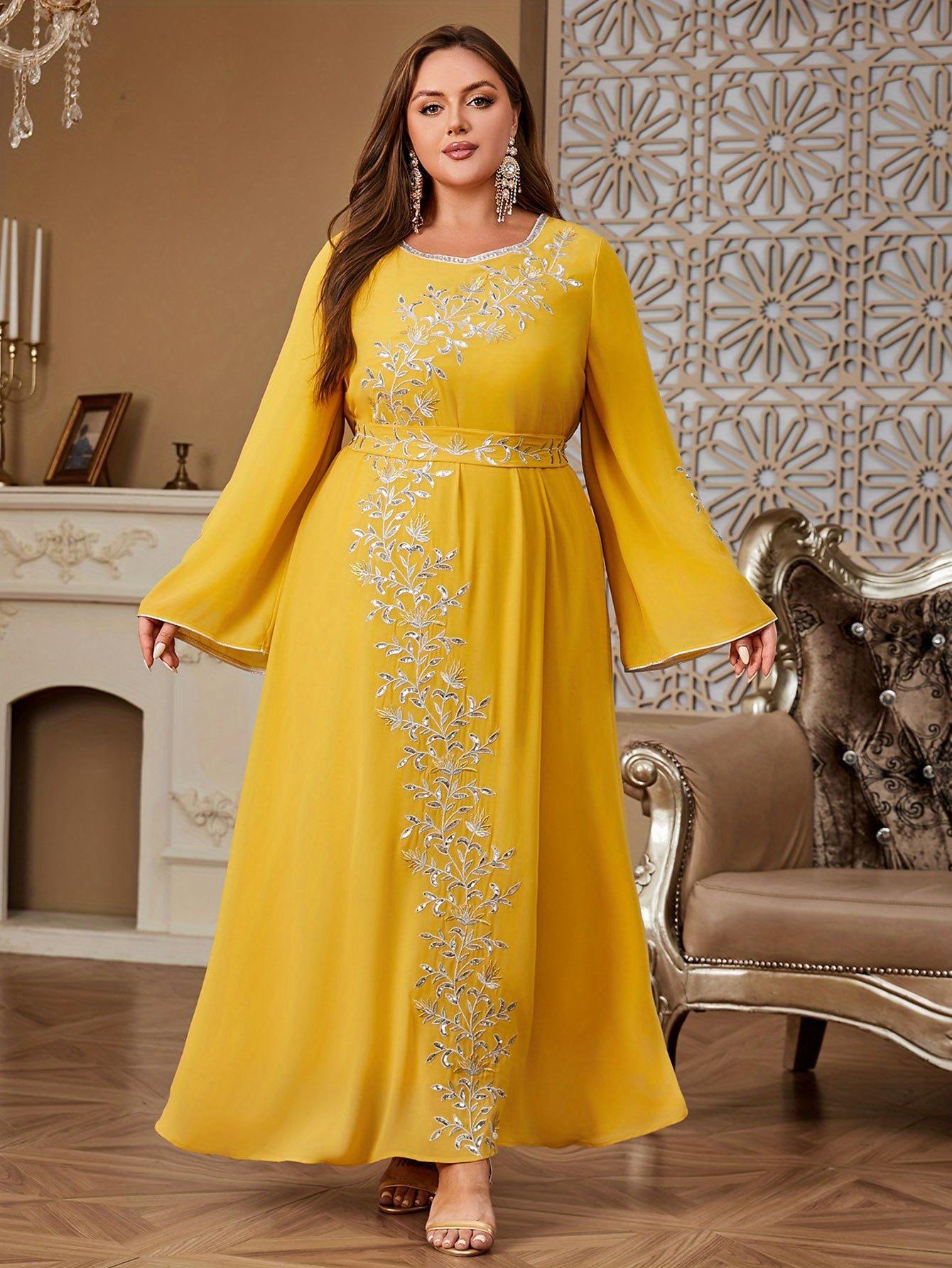 green emerald velvet dress Luxury Dubai Muslim Sage Green Pearls Evening Dress With Cape Plus Size  LA72591 – SERENE HILL main image 1
