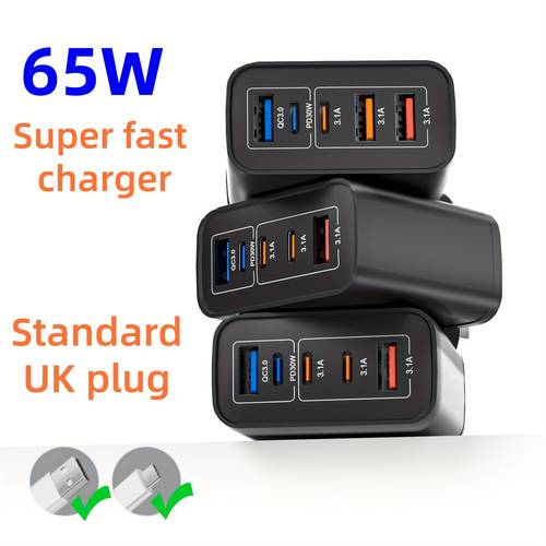 65w fast charging adapter 5 ports uk plug featuring usb type technology supports pd and qc it with charging indicators and protection for phone charger iphone 15 14 13 pro max s22 tablet