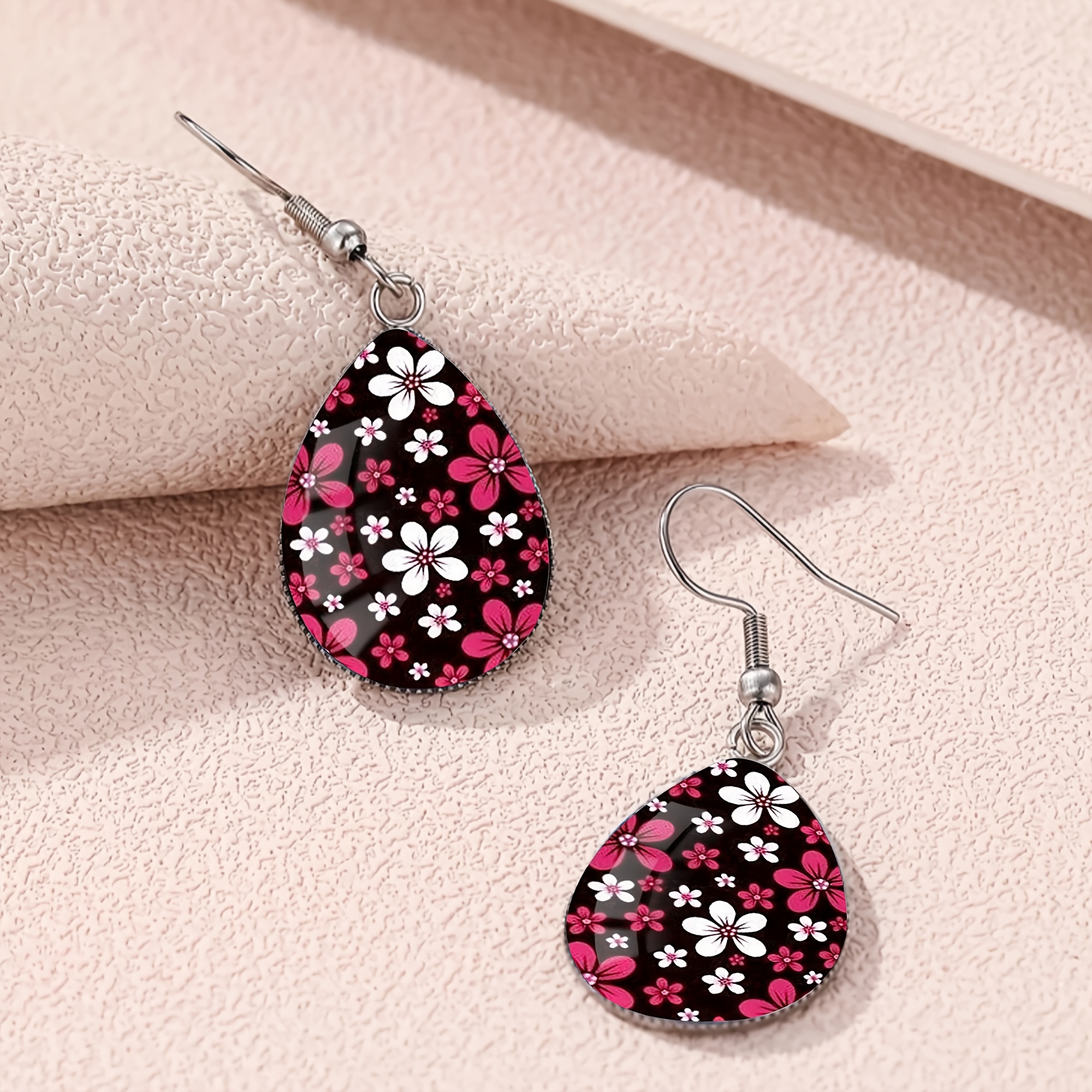 Black Base Pink White Floral Pattern Teardrop Earrings, Unisex