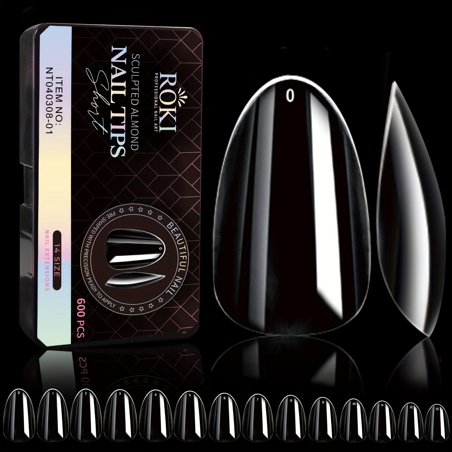 TEMU Roki Almond Short Fake Nails, 600pcs Soft Gel Pre-shaped Almond Nail Tips For Full Cover French False Nails For Nail Extention Nail Art 14 Sizes