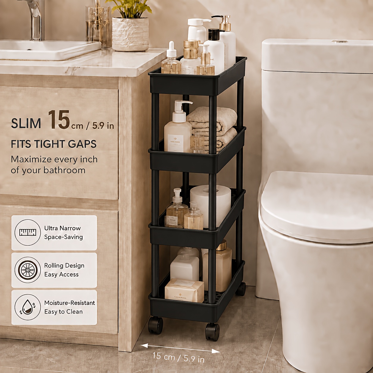 TEMU Carrello portaoggetti su rotelle a 4 ripiani da 15 cm ultra-, scaffale per articoli da doccia e bagno, scaffale mobile multifunzionale per spazi