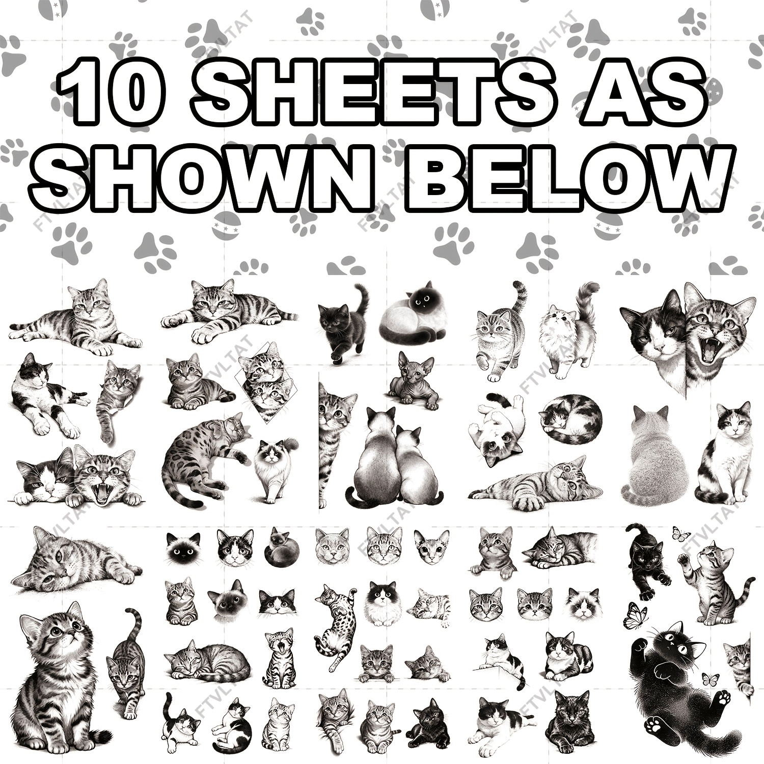 Image of 60 Patterns Cat Temporary Tattoos, 10 Sheets Waterproof Lifelike Kitten Tattoo Stickers For Men Women, 3d Art For Party, Cosplay, Daily Wear