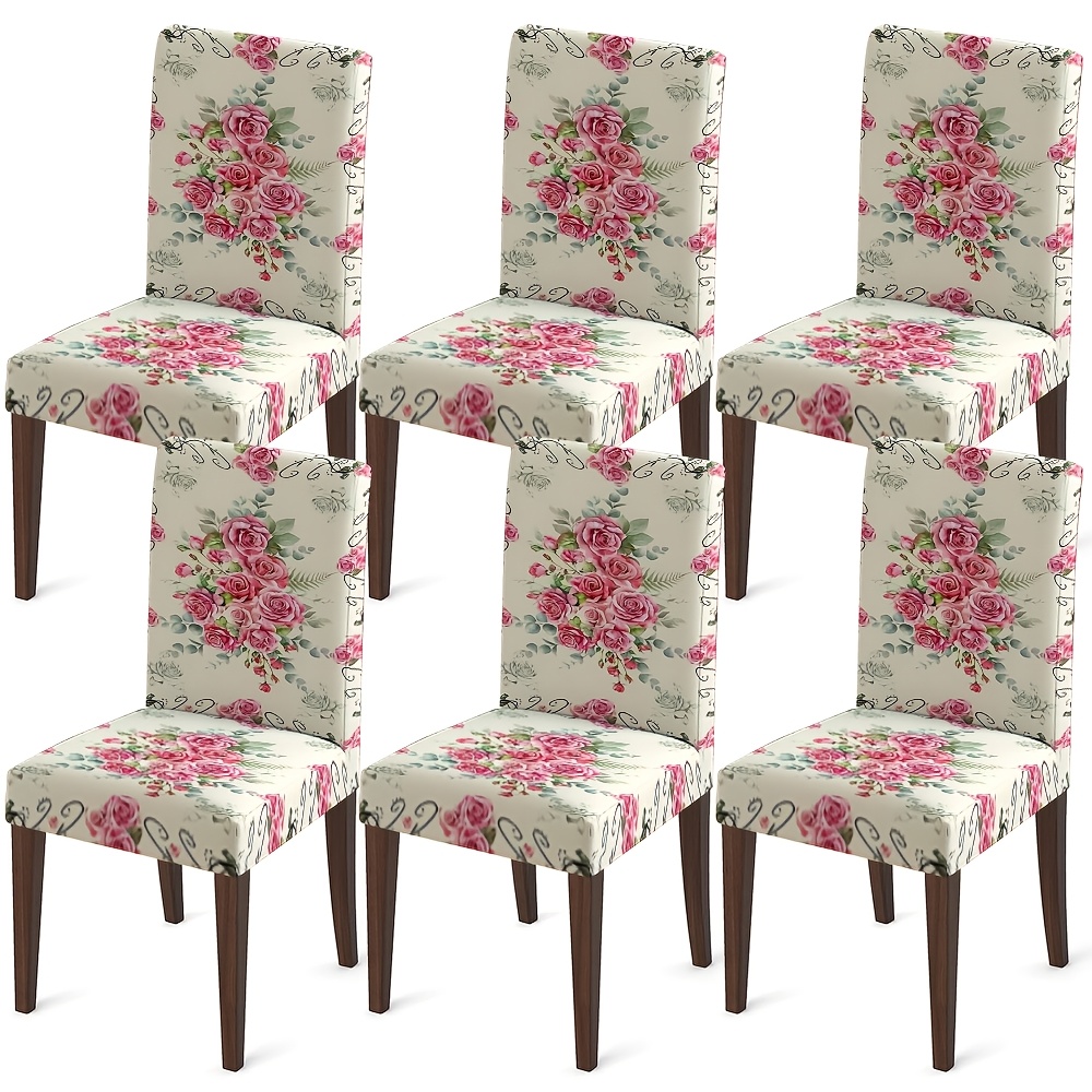 TEMU Dokriy Elegant Pink Rose & Scroll Floral Chair Covers - Stretchable Elastic Slipcovers Suitable For Most Armless Dining Chairs, Luxury -piece,