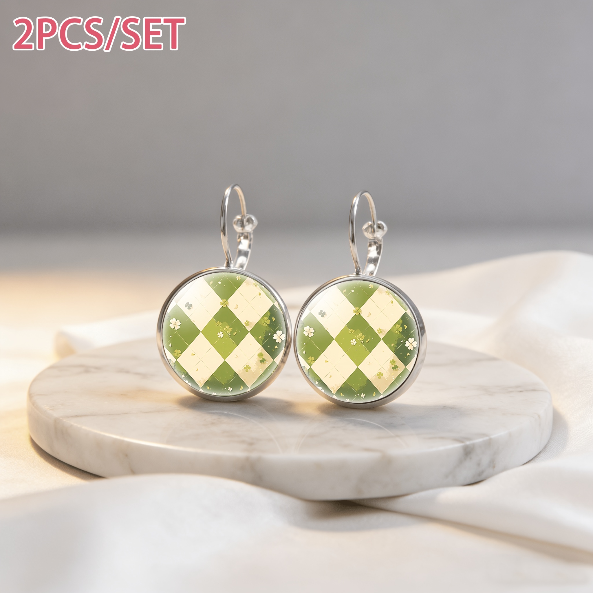 2pcs Set White French-style Ear Hook Earrings, Clover Design