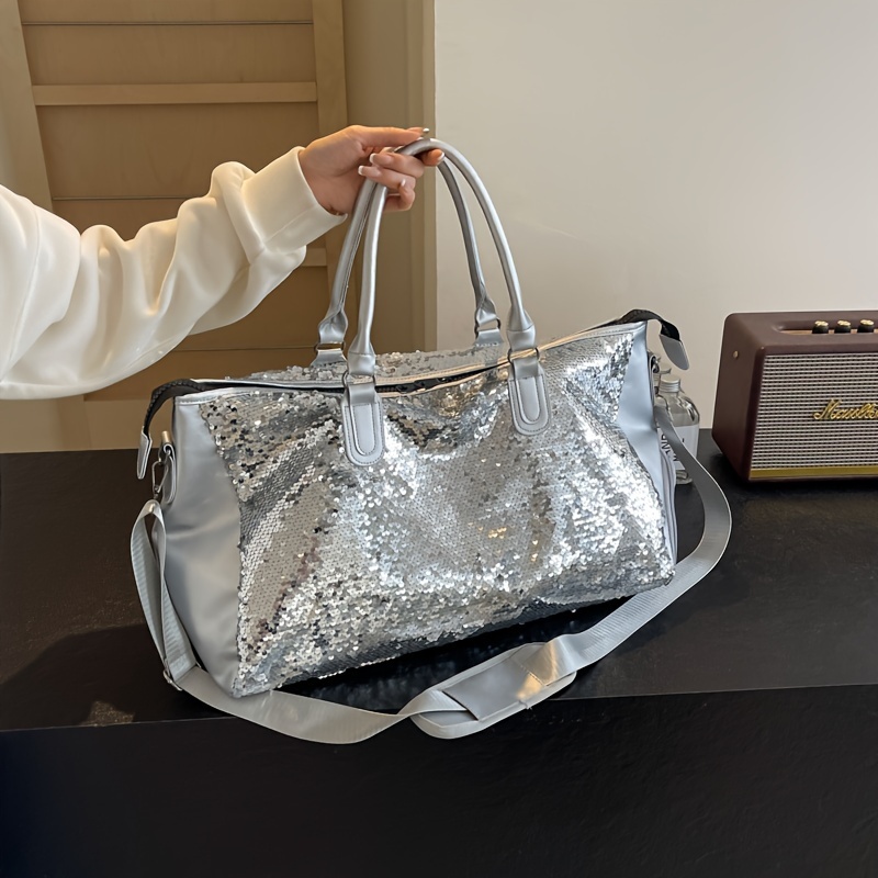 

Grand sac de voyage à paillettes de mode de grande capacité pour femmes, fourre-tout avec sangle amovible, sac de sport pour les courts voyages