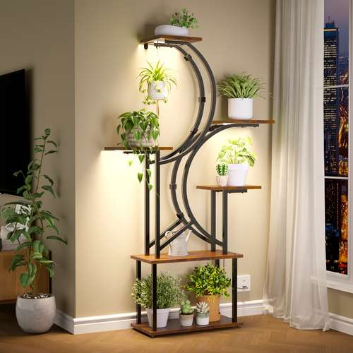 VIXLON 60" Corner Plant Stand With Grow Lights – Indoor/Outdoor Large Flower Holder, Adjustable Shelves, Metal & Wood
