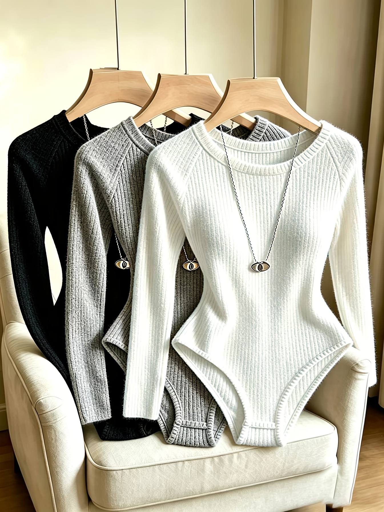 Artikelbild 3-teiliger damen-body für herbst/winter, eleganter gerippter langarm-body mit rundhalsausschnitt, langärmeliger gerippter gebürsteter eng anliegender overall