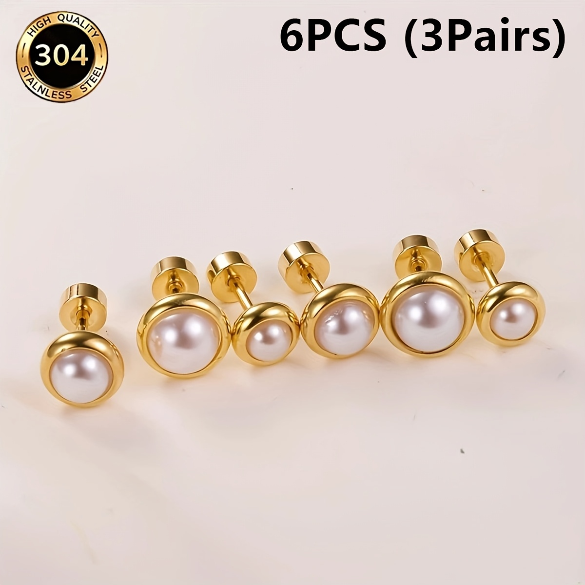 TEMU 6 piezas (3 ) de pendientes de botón semicirculares dorados de acero inoxidable 304 304 304 304, estilo unisex, modernos, adecuados para uso