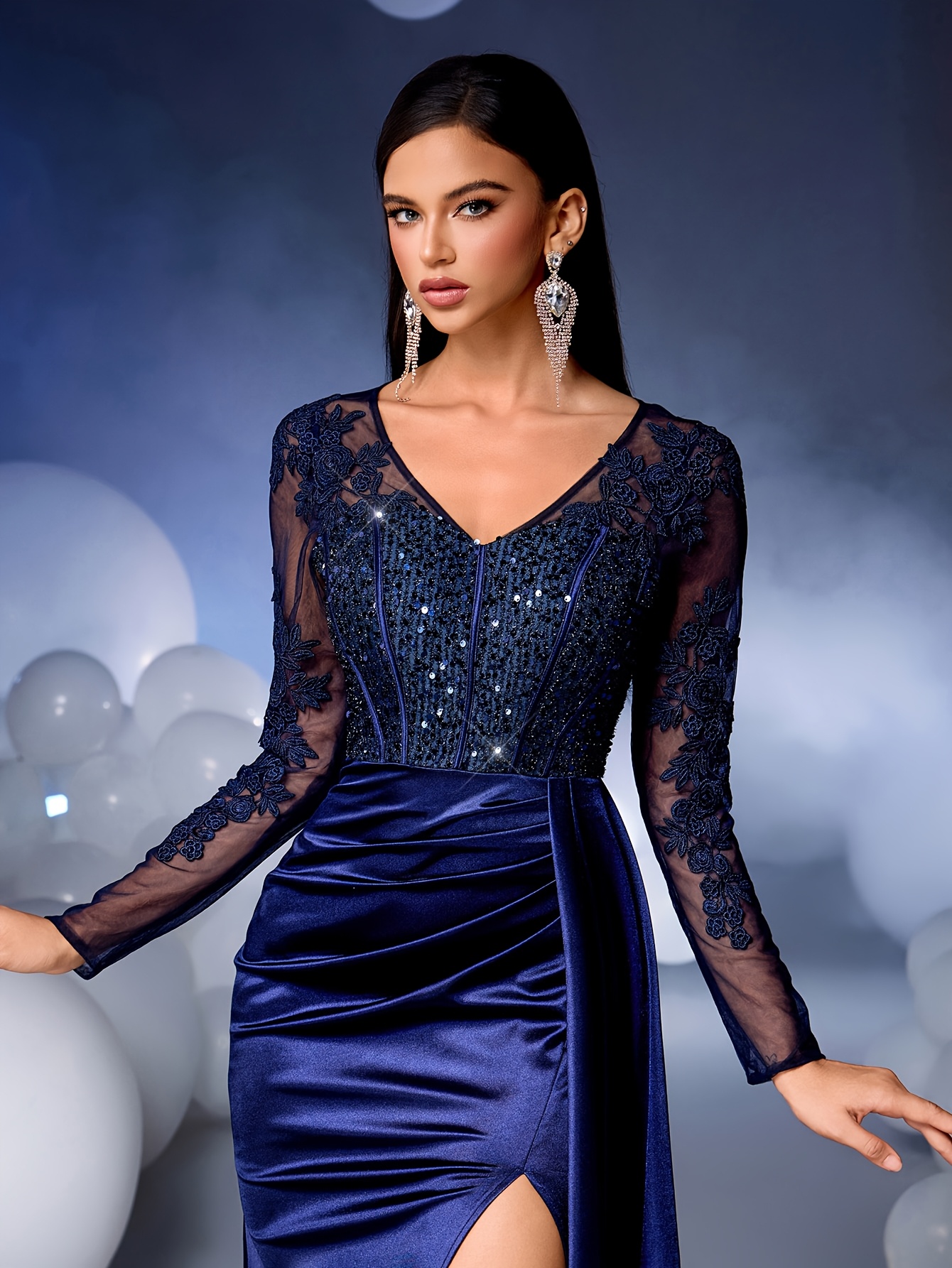 QOQ Women's Elegant V-Neck Long Sleeve Evening Gown with Lace Overlay  Sequin Embellishments, Navy Blue Mermaid Formal Dress, Mesh Panel Bodycon