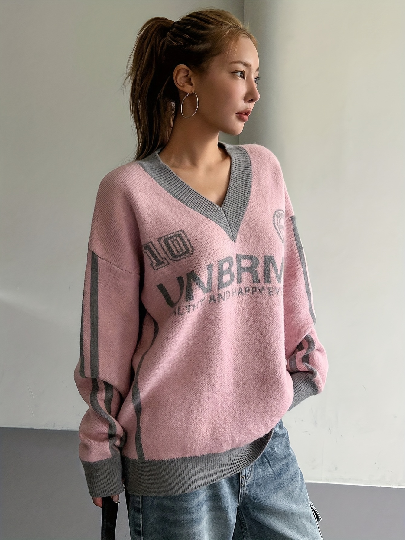 Women's Vintage Sweater V-Neck Pullover Sweater with Drop Shoulder  Sleeves, Brown/Loose Fit Streetwear Sweater for Fall/Winter Casual Outfits,  Cute