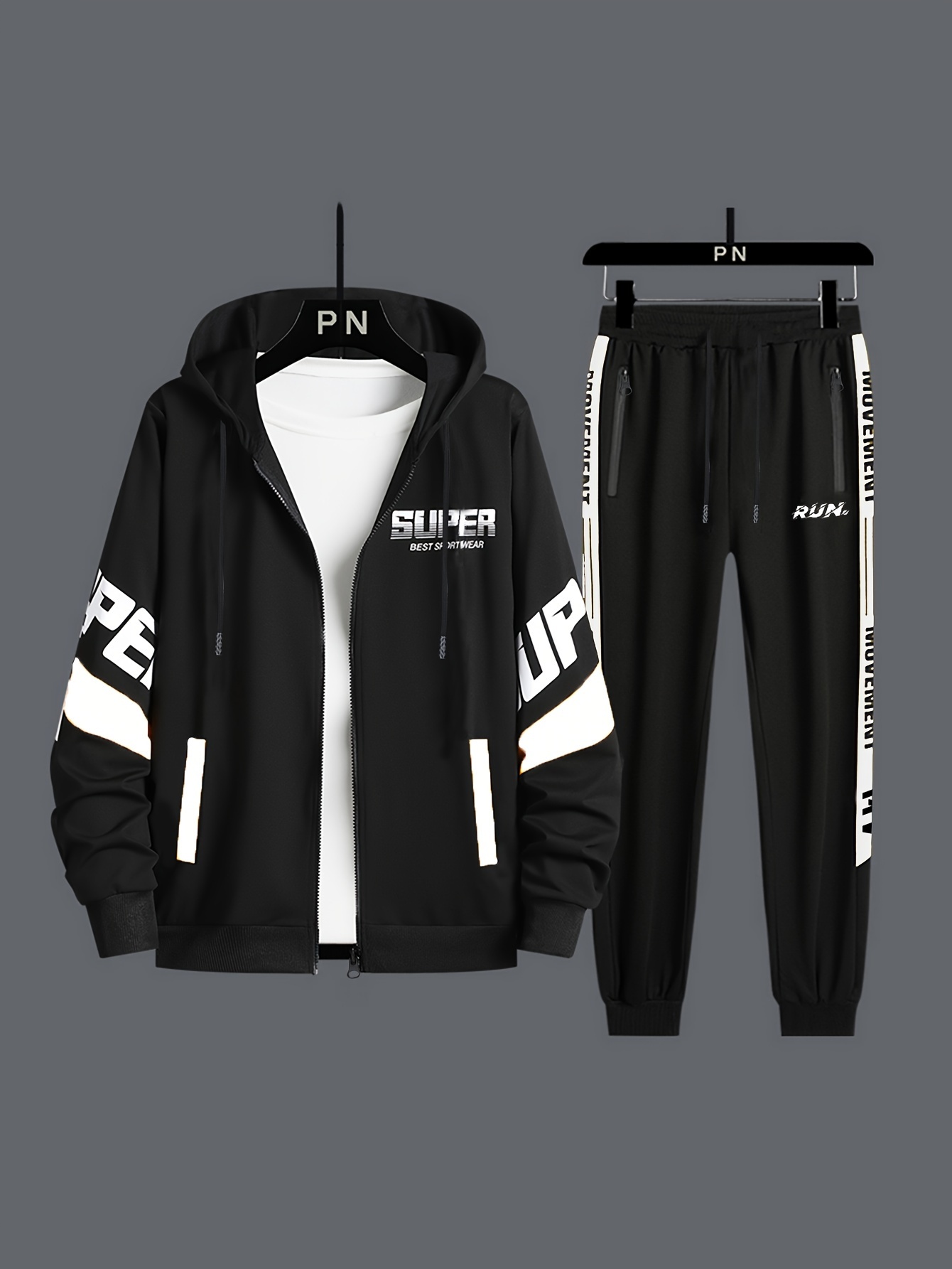 Set Tuta Da Uomo, Felpa Con Cappuccio E Cerniera Intera, Tuta Sportiva - Foto 3