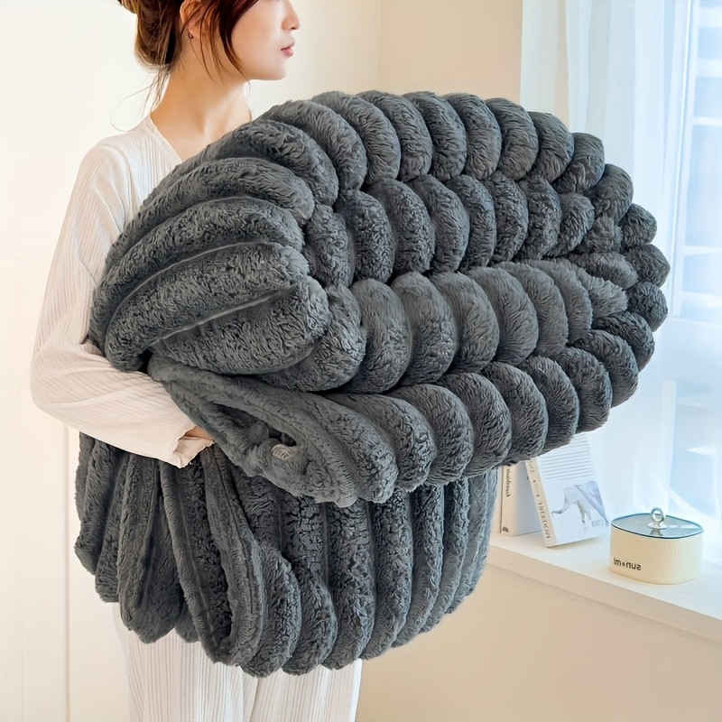 extra large plush   rabbit fur blanket soft cozy reversible thermal fleece for   108 x 90 x 90 striped gray   home office camping gift jacquard weave soft texture