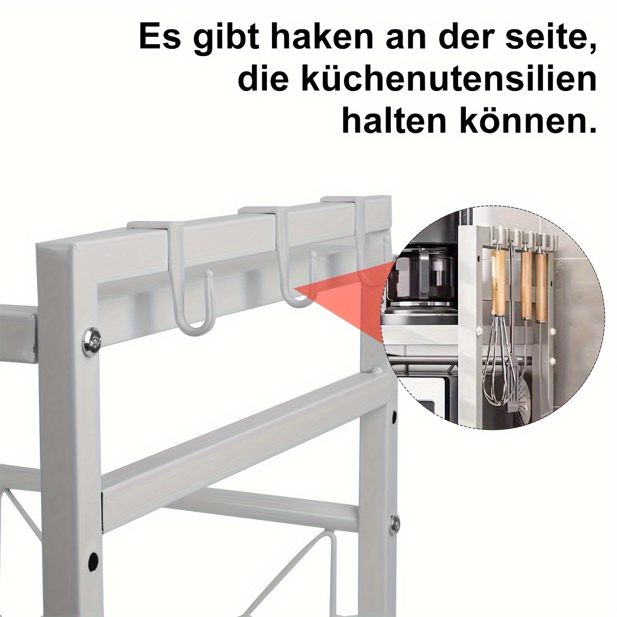 Kitchen Shelf, 40-64cm Extendable Microwave Shelf With 6 Hooks, 32cm/42cm Height-adjustable Microwave Stand, 30kg Load-bearing Microwave Oven Shelf, Microwave Oven Shelf, Spice Rack, Microwave Holder, Kitchen Storage Rack