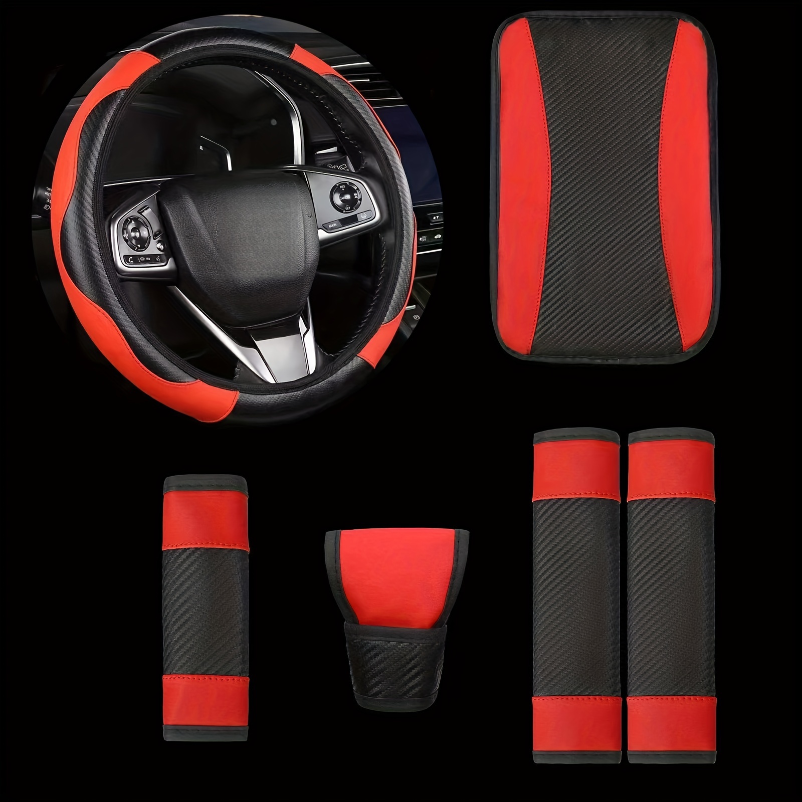 TEMU 6pcs Car Interior Set: Microfiber & Carbon Fiber Leather - Includes 15" Steering Wheel Cover, Grip, Armrest Pad, Seat Belt Shoulder Pads, And