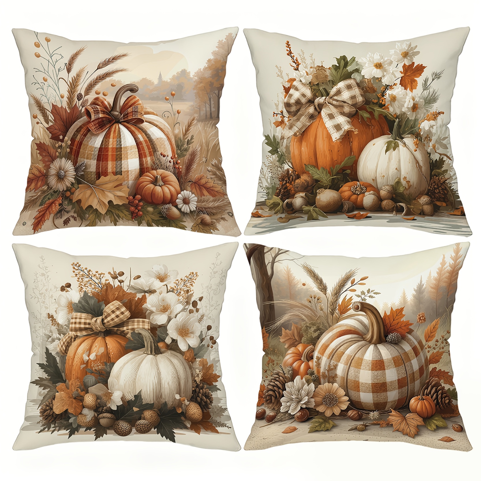 TEMU 4pcs Fall Thanksgiving Throw Pillow Covers, Double-sided Print Pumpkin And Decor Cushion Cases, Autumn Themed Bedding Pillowcases, Holiday