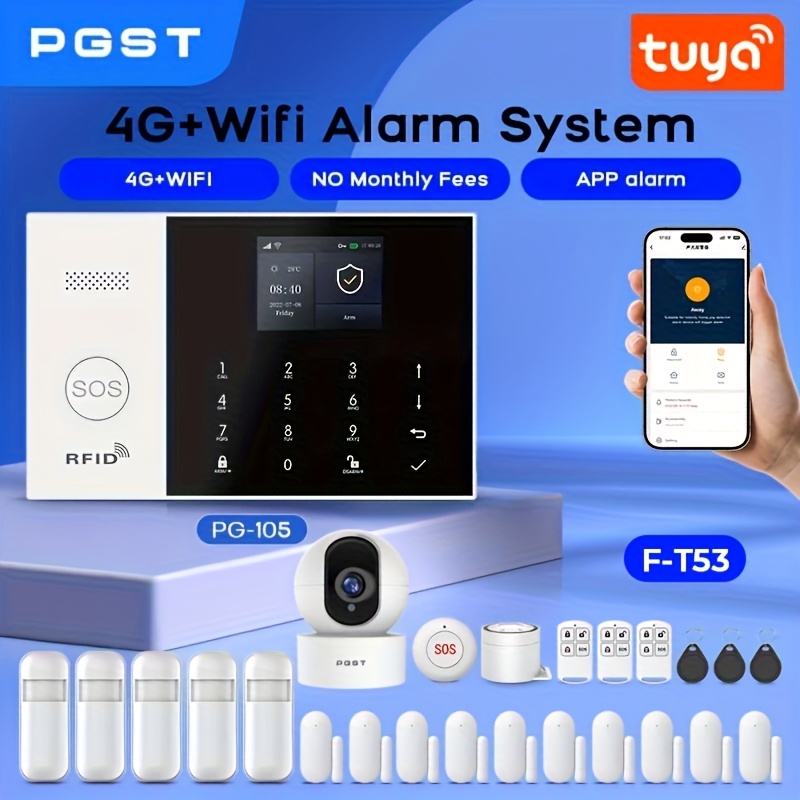 PGST 105 Sistema de Alarma WiFi 4G + Cámara 1080P para Seguridad del Hogar, Sistema Inteligente sin varillas Antirrobo con Notificaciones por SMS, Compatible con Alexa y Google, Control APP para Casa, Apartamento o Fábrica