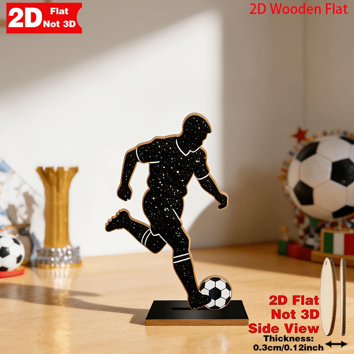 E-shop 2D Flach . Tischdekoration Display Kreatives Holz Fußball Schild, Schwarzes Holz Fußball Standee mit Basis, Sport Fußballspieler Action Posen,