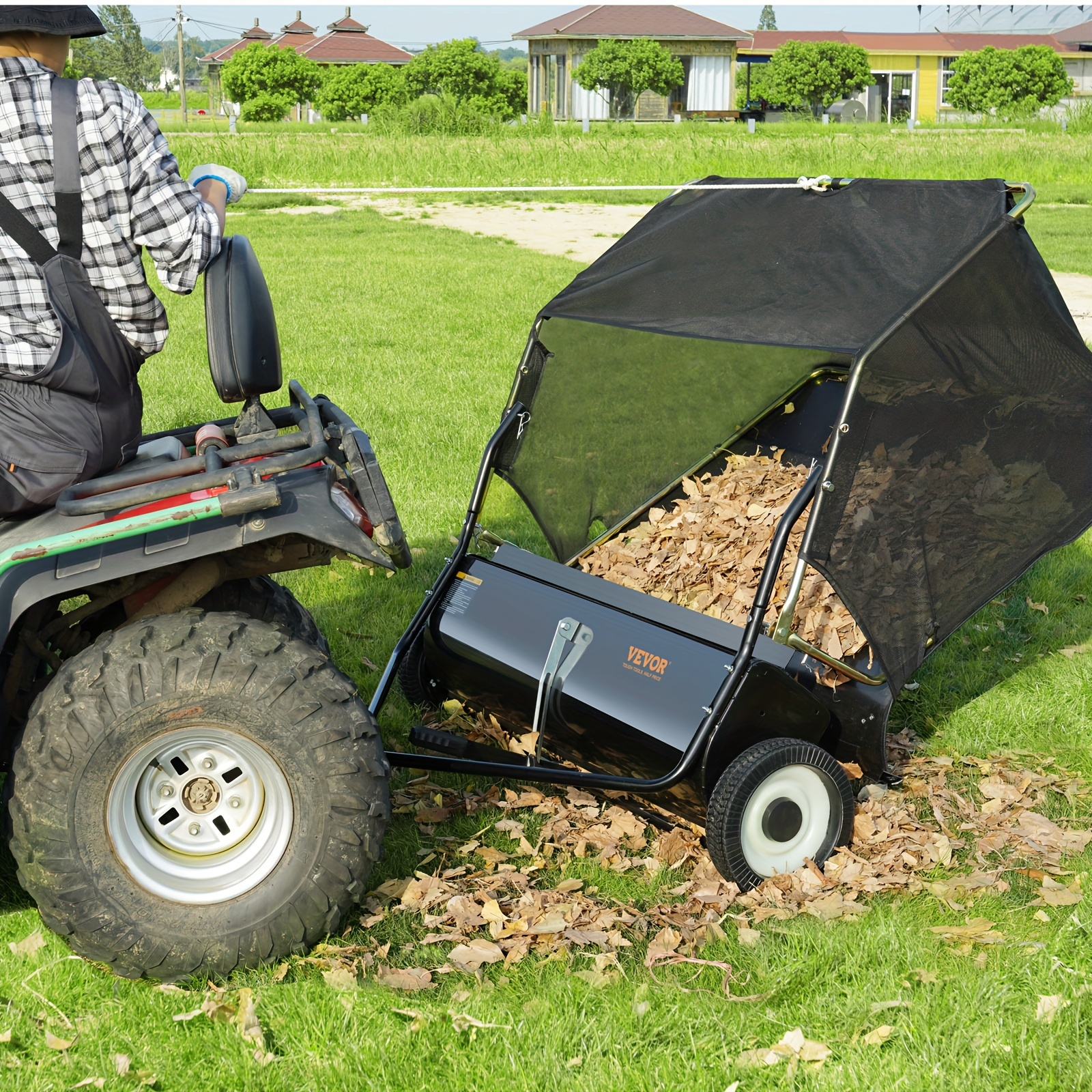 

Vevor Tow Behind Lawn Sweeper 44 Inch, 25 Cu. Ft Large Capacity Heavy Duty Leaf & Grass Collector With Adjustable Sweeping Height, Dumping