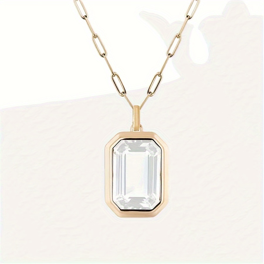 TEMU Elegant 14k Golden Plated-tone Glass Pendant Necklace With Rectangular Amethyst Charm - Perfect For Everyday And Party Wear