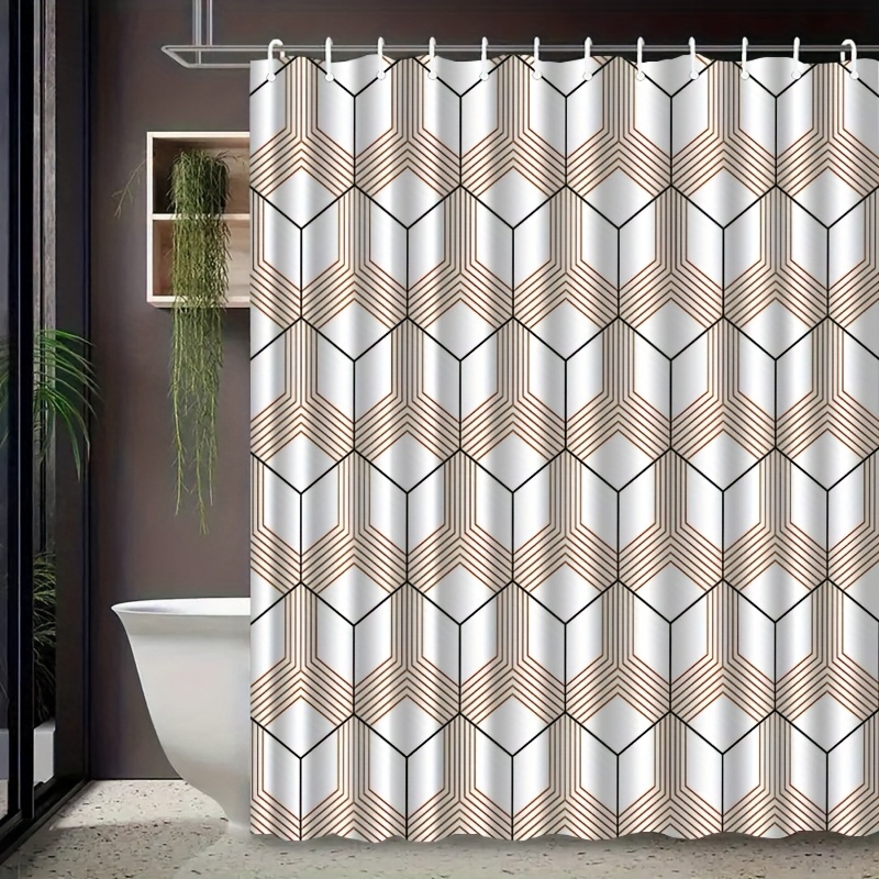 TEMU 2d Flat, Jit1pcs Simple Geometric Pattern Shower Curtain With Hook, Washable Shower Curtain, Bathroom Partition, Bathroom Accessories, Curtains
