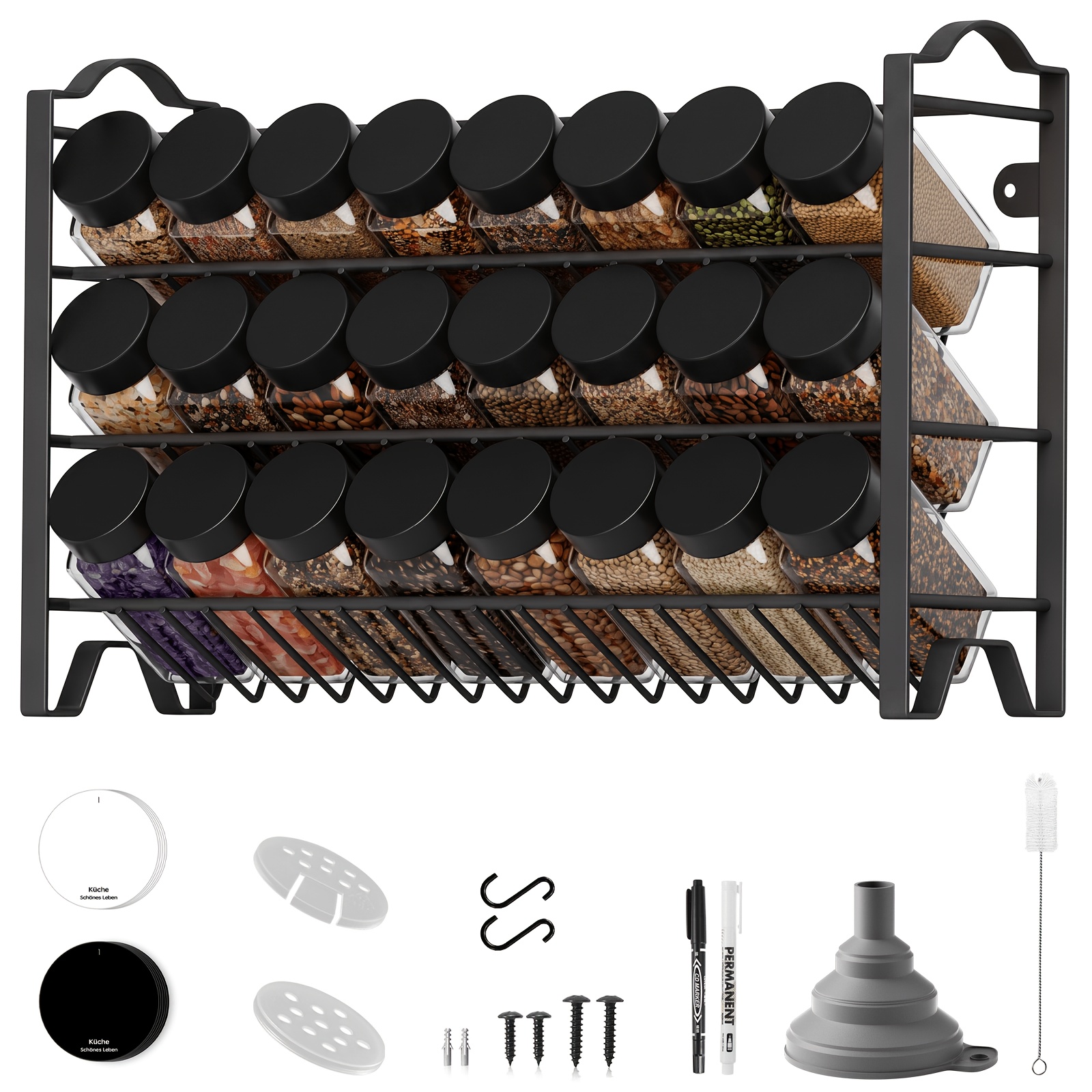 Miorkly Spice Rack, Spice Organiser With 24 Spice Jars, 120ml, Spice Rack, Kitchen Organiser With Labels, Funnel, Brush, Pen, Kitchen, Glass Spice Jar, Kitchen Spice Organiser