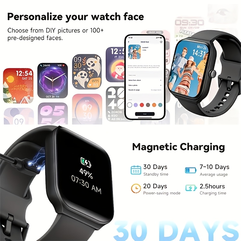 Montre à écran tactile intelligent de 1,95 pouce | connecté multifonctionnel de fitness avec connectivité sans fil vers Android et téléphones mobiles, en silicone réglable, dispose d'un rappel d'hydratation, d'un entraînement respiratoire et d'un suivi du sommeil