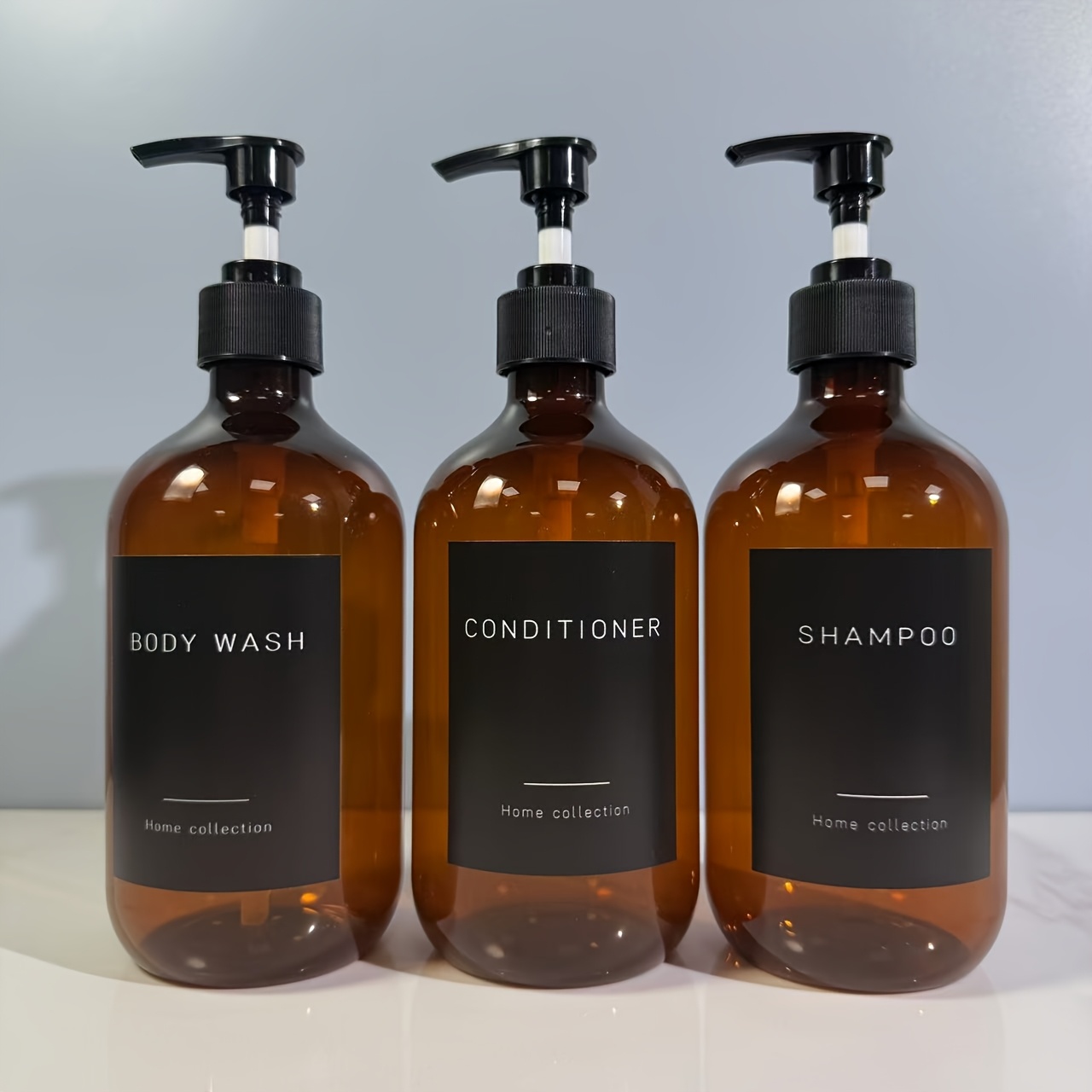 TEMU Set Of 3, 500ml Bathroom Dispensing Bottles That Are Reusable, Featuring Black Plastic Pumps With Amber Bottles. Suitable For Dispensing Shower