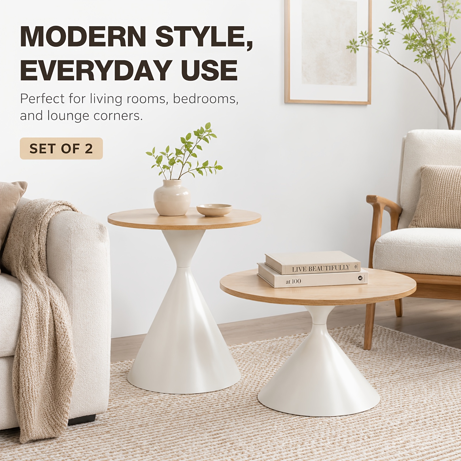 2 Sets Of Cream-colored Cone-base Round Tables, Log Tabletop Wrought Iron Hourglass Base Living Room Coffee Table Sofa Side Table