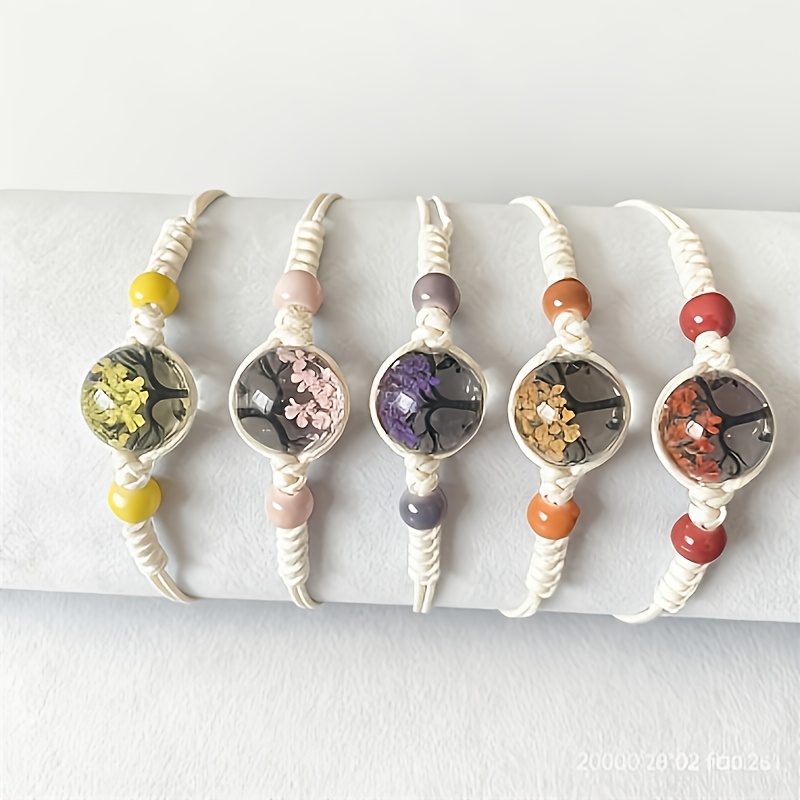 TEMU Bracelet de 5 perles en verre avec fleurs séchées, style bohème jaune arbre de vie, combinaison de céramique et de verre, bracelet ajustable