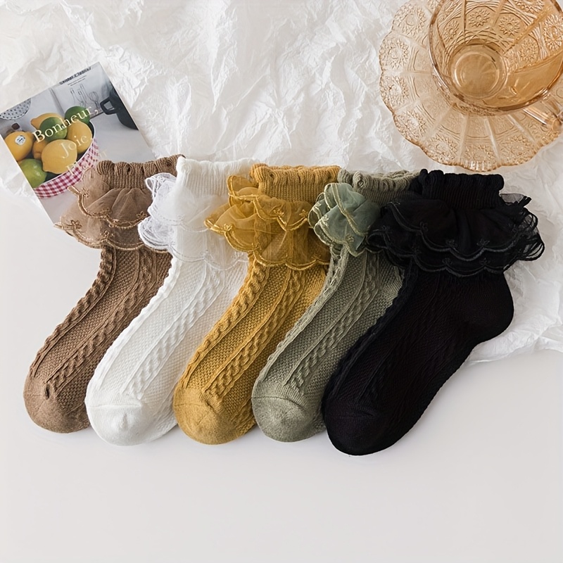 E-shop 5 Paare von Mädchen Spitze Rüschen Socken - Polyester Mischung, atmungsaktiv & bequem, Weiß Prinzessin Socken für Tanz, nur Handwäsche, Tanz