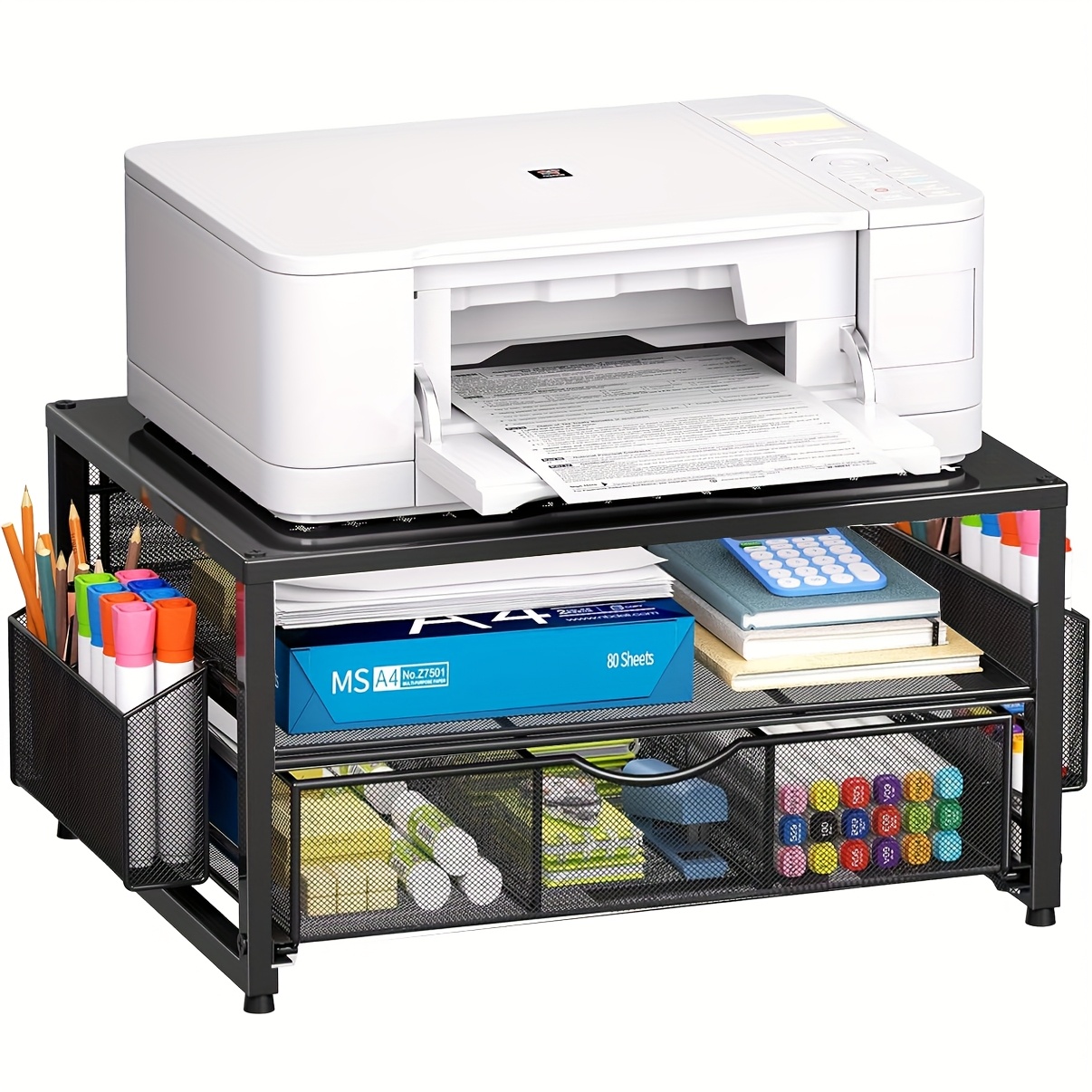 Metal Printer Stand for Desk with Storage Drawer And 2 Pen Holders, 2-Tier Desktop Organizer Printer Table for Home Office, Multi-Purpose Desk Organizer for Fax Machine Scanner Files(Black)