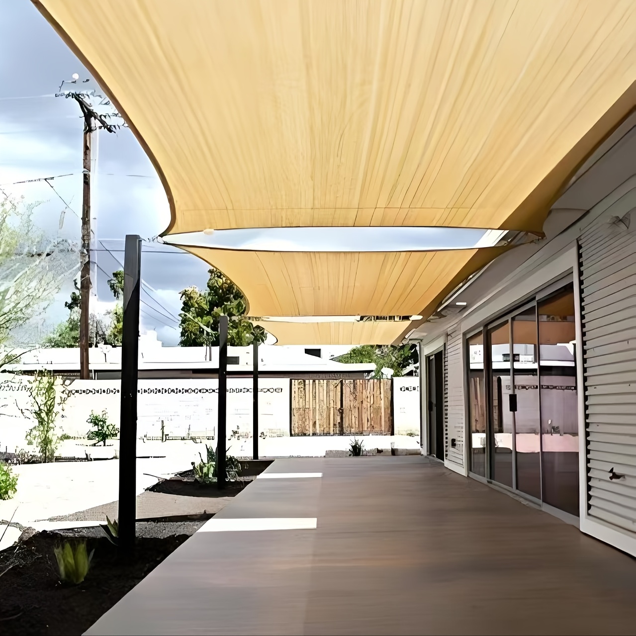 Beige Outdoor Sunshade Sail - Durable PE Fabric, Iron Stand, Perfect for Balcony & Garden, All-Season Use, Holds 2 People